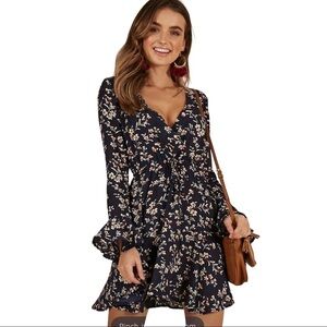 Showpo. Navy Blue Floral Bell Sleeve Dress